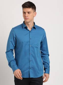 Turtle - Men Cotton Slim Fit Blue Dobby Print Formal Shirt