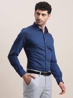 Turtle - Men Cotton Slim Fit Navy Blue Dobby Print Formal Shirt