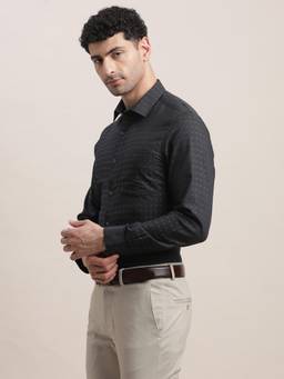 Turtle - Men Cotton Slim Fit Black Dobby Print Formal Shirt