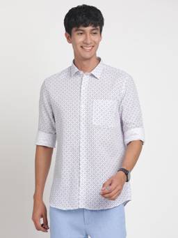 Turtle - Men Cotton Linen Regular Fit White Printed Shirt