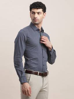 Turtle - Men Cotton Tencel Slim Fit Blue Printed Formal Shirt
