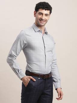 Turtle - Men Cotton Slim Fit Grey Checkered Formal Shirt