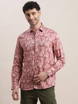 Turtle - Men Cotton Tencel Slim Fit Light Maroon Printed Party Shirt