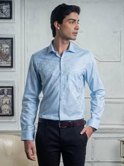 Turtle - Men Cotton Slim Fit Light Blue Self Design Formal Shirt