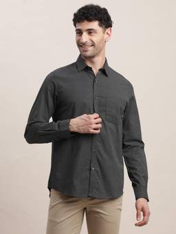 Turtle - Men Cotton Tencel Slim Fit Black Printed Shirt