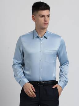 Turtle - Men Poly Satin Regular Fit Light Blue Solid Party Shirt
