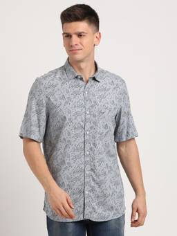 Turtle - Men Rayon Slim Fit Grey Printed Casual Shirt