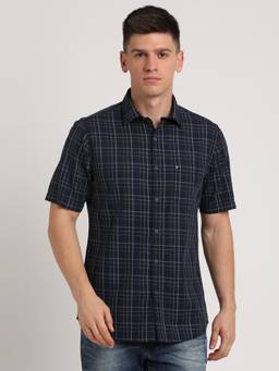 Turtle - Men Cotton Slim Fit Blue Checkered Casual Shirt