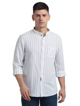 Turtle - Men Cotton Linen White Stripe Slim Fit Casual Shirt