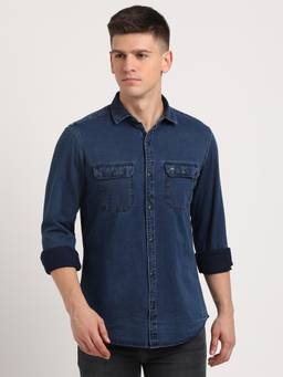 Turtle - Men Cotton Indigo Slim Fit Denim Blue Solid Casual Shirt