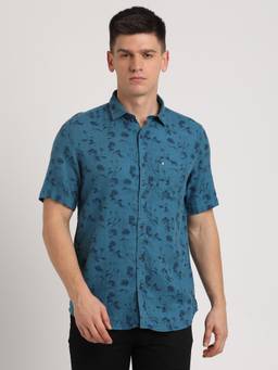 Turtle - Men Cotton Lyocell Slim Fit Teal Blue Printed Casual Shirt