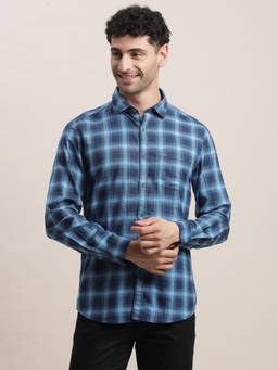 Turtle - Men Cotton Slim Fit Navy Blue Checkered Casual Shirt