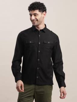 Turtle - Men Cotton Slim Fit Black Solid Denim Shirt