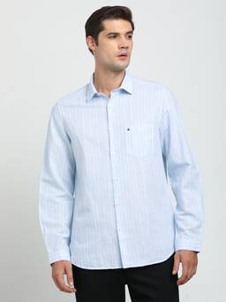 Turtle - Men Cotton Linen Slim Fit Light Blue Striped Casual Shirt