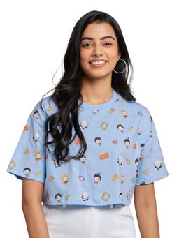 The Souled Store - Blue Friends Cute Chibi Doodles Oversized Crop T-Shirt for Women