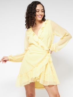 Magre - Women Yellow Textured Swiss Dot Ruffle Mini Dress