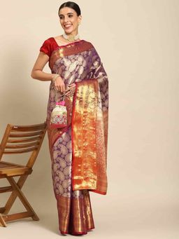 Silk Land - Womens Brocade Soft Silk Purple Zari Woven Saree with Unstitched Blouse