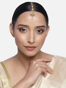 Accessher - Matte Gold Plated Ruby & Emerald Stones Maang Tikka with Pearl for Women