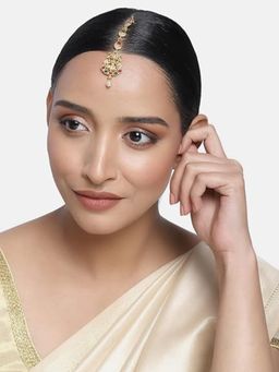 Accessher - Red & Green Gold-Toned Brass-Plated Temple Maan Tikka For Women And Girls