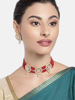 Accessher - Gold Plated Ruby Emerald Temple Ethnic Necklace Set for Women and Girls