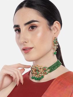 Accessher - Gold Toned Kundan & Green Enamel Jewellery Set With Beads For Women & Girls