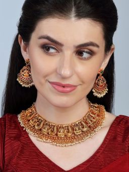 Accessher - Matte Gold Plated Ruby Emerald Studded Temple Necklace Set for Women & Girl