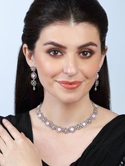 Accessher - Silver Plated Sparkling Dazzling Rhinestones Necklace Set for Women & Girls