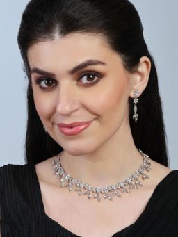 Accessher - Silver Plated Sparkling Dazzling Rhinestones Necklace Set for Women & Girls