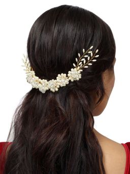 Accessher - Gold Plated Crystal Beads And Pearls Floral Headband For Women And Girls