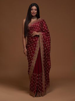 Koskii - Wine Zari Work Georgette Saree with Unstitched Blouse