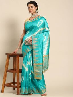 Odette - Turquoise Blue Silk Blend Printed Saree with Unstitched Blouse