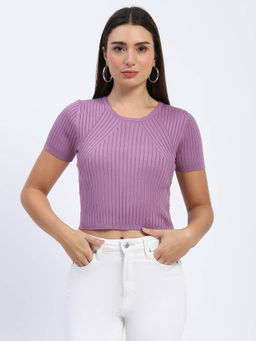 Madame - Ribbed Round Neck Bodycon Solid Lilac Crop Top