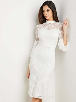 Styli - White Floral Lace Overlay Bell Sleeves Bodycon Knee Length Dress