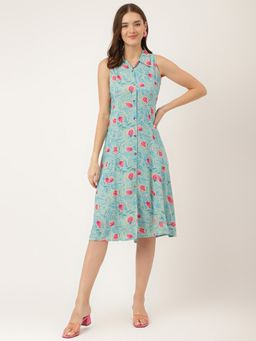 Divena - Blue Floral Print Rayon A-Line Midi Dress with Attached Sleeves for Women