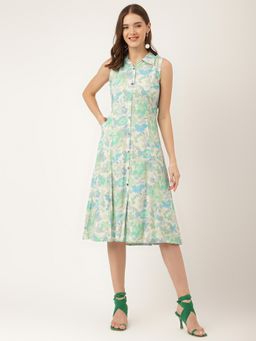 Divena - Green Floral Print Rayon A-Line Midi Dress with Attached Sleeves for Women