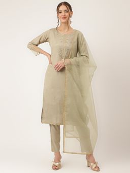 Divena - Taupe Embroidered Chanderi Kurta, Pant with Dupatta (Set of 3)