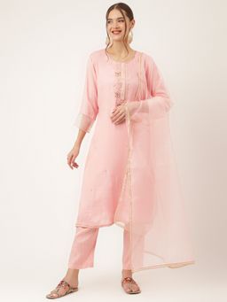 Divena - Baby Pink Embroidered Chanderi Kurta, Pant with Dupatta (Set of 3)