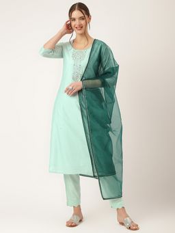 Divena - Sea Green Embroidered Chanderi Kurta, Pant with Dupatta (Set of 3)