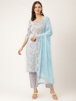 Divena - Blue Floral Print Cotton Kurta, Pant with Dupatta (Set of 3)