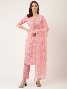 Divena - Pink Floral Print Cotton Kurta, Pant with Dupatta (Set of 3)
