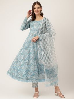 Divena - Sky Blue Hand Block Floral Print Cotton Anarkali, Pant with Dupatta (Set of 3)