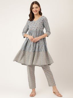 Divena - Sky Blue Hand Block Floral Print Cotton Kurta, Pant (Set of 2)