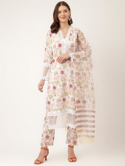 Divena - White Hand Block Floral Print Cotton Kurta, Pant with Dupatta (Set of 3)