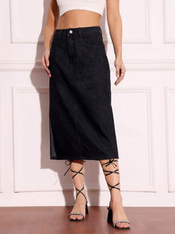 Miss Chase - Women'S Black Straight High Rise Clean Look Stretchable Denim Midi Skirt