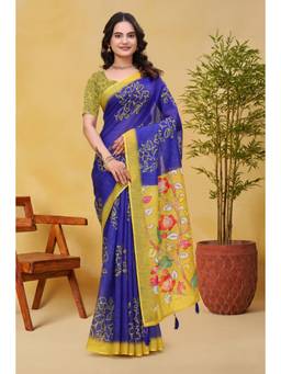 Nyri - Linen Cotton Saree For Women - Navy Blue