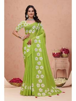 Nyri - Linen Cotton Saree For Women - Green