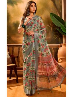 Nyri - Linen Cotton Saree For Women - Green