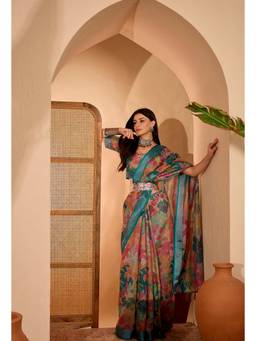 Nyri - Linen Cotton Saree with Belt For Women - Multi-Color