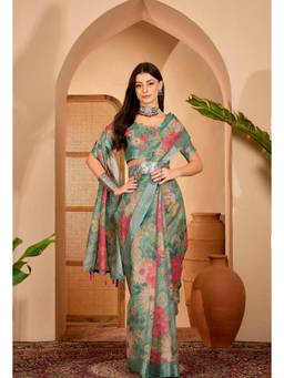 Nyri - Linen Cotton Saree For Women - Turquoise