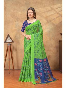 Nyri - Linen Cotton Saree For Women - Green